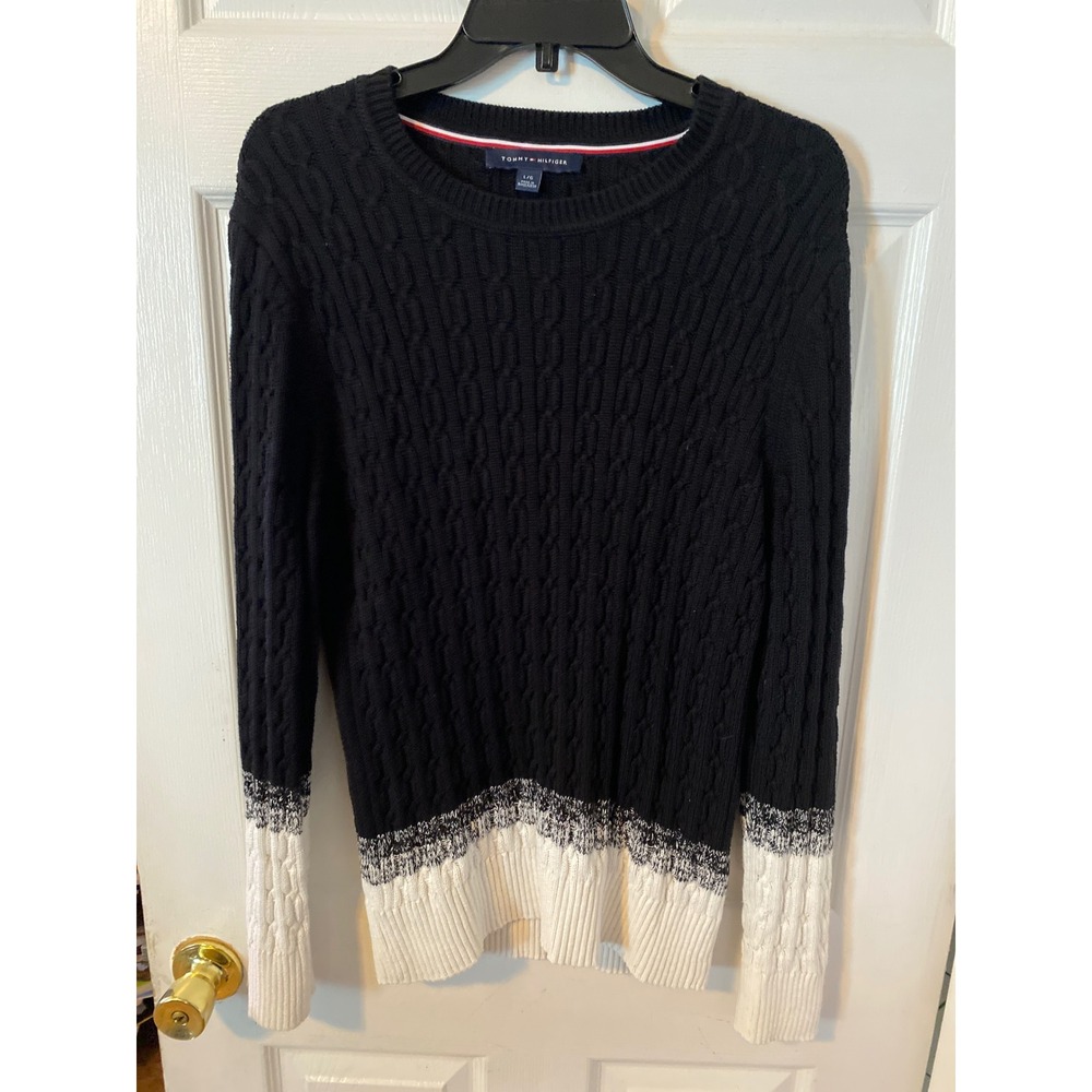 Tommy Hilfiger Womens Cable Knit Colorblock Sweater Black White Crew Neck Large